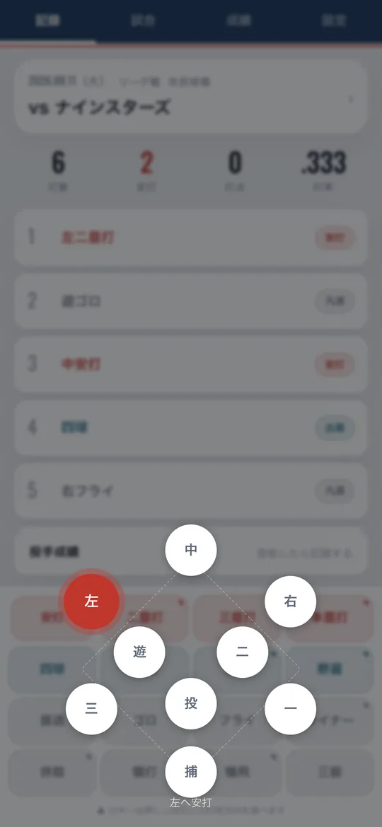 キーを押したままにすると守備位置が実際の配置のまま開き、指を滑らせて打球方向を選べる